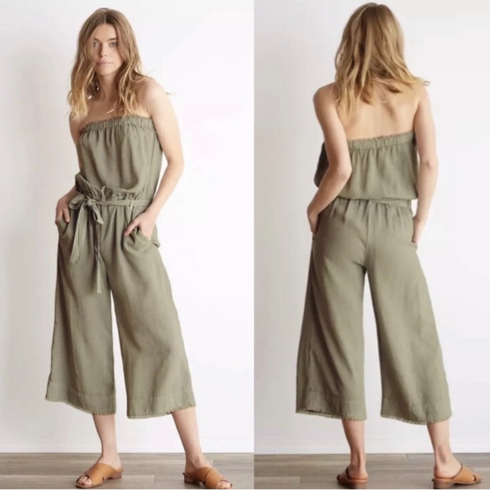Anthropologie Cloth & Stone Strapless Wide Leg Jumpsuit | Khaki Boho